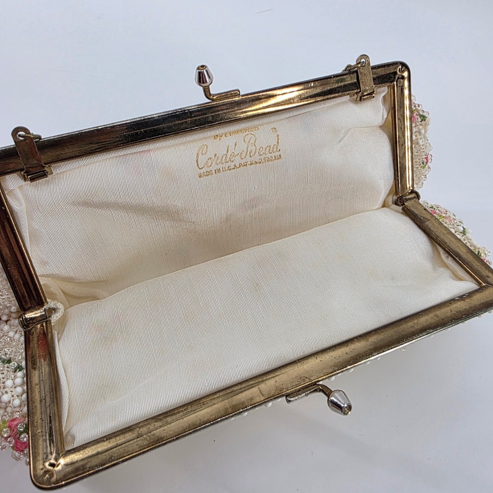 Vintage Corde Bead White Faux Pearl Floral Beaded Clutch Evening Bag Made in USA - Picture 5 of 6